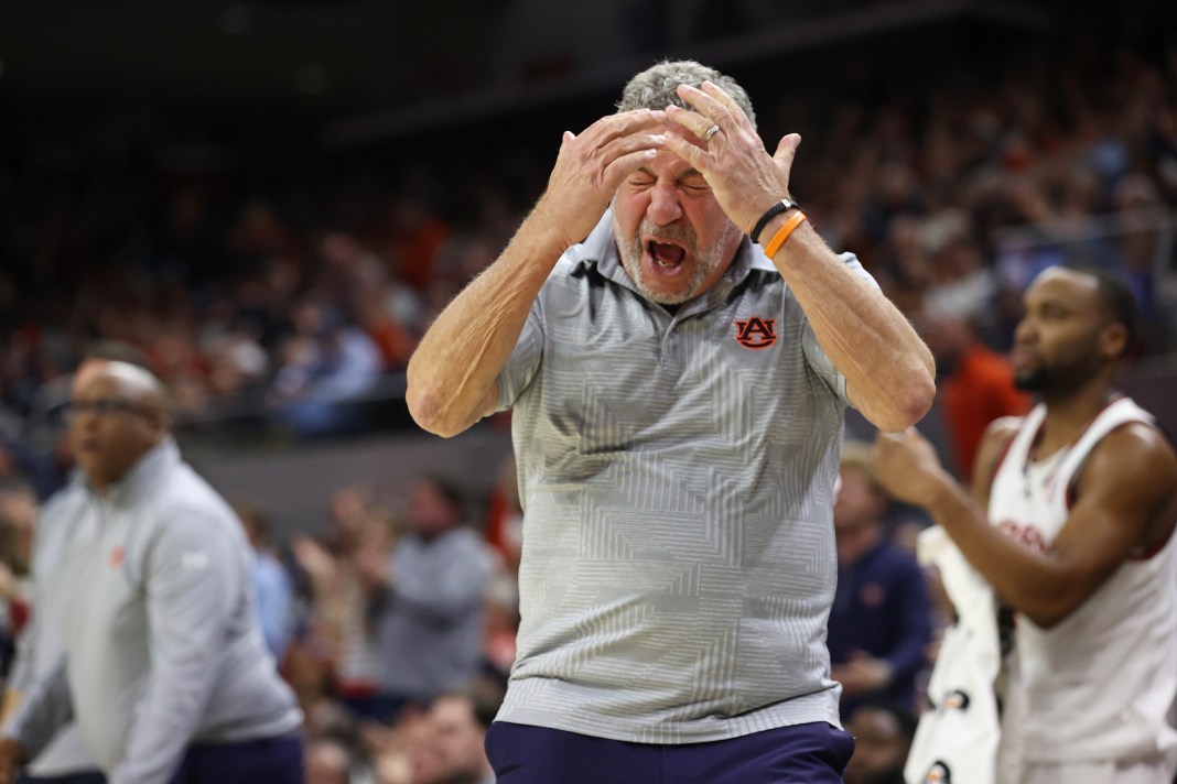 Auburn Tigers head coach Bruce Pearl reacts to a turnover during the second half against the Arkansas Razorbacks at Neville Arena on February 19, 2025.