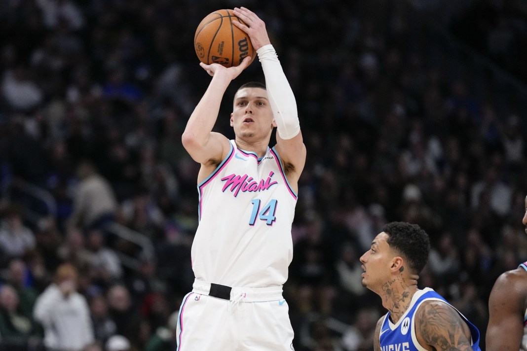 Heat All-Star Tyler Herro shoots a jumper against the Bucks during the 2024-25 NBA season.