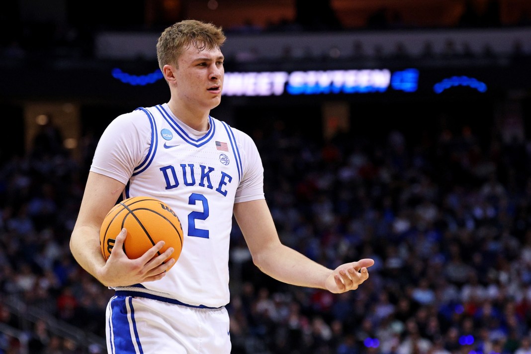 Duke Blue Devils forward Cooper Flagg (2) reacts after a play during the first half of the East Regional semifinal against the Arizona Wildcats in the 2025 NCAA tournament at Prudential Center in Newark, NJ, on March 27, 2025.