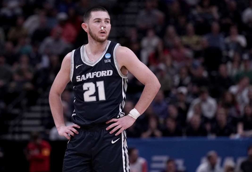 Samford's Rylan Jones looks on during a 2024 NCAA Tournament game against Kansas.