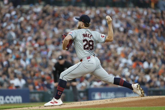 Cleveland Guardians starting pitcher Tanner Bibee (28) delivers a pitch in the first inning against the Detroit Tigers during game four of the ALDS in the 2024 MLB Playoffs at Comerica Park in Detroit, Michigan, on October 10, 2024.