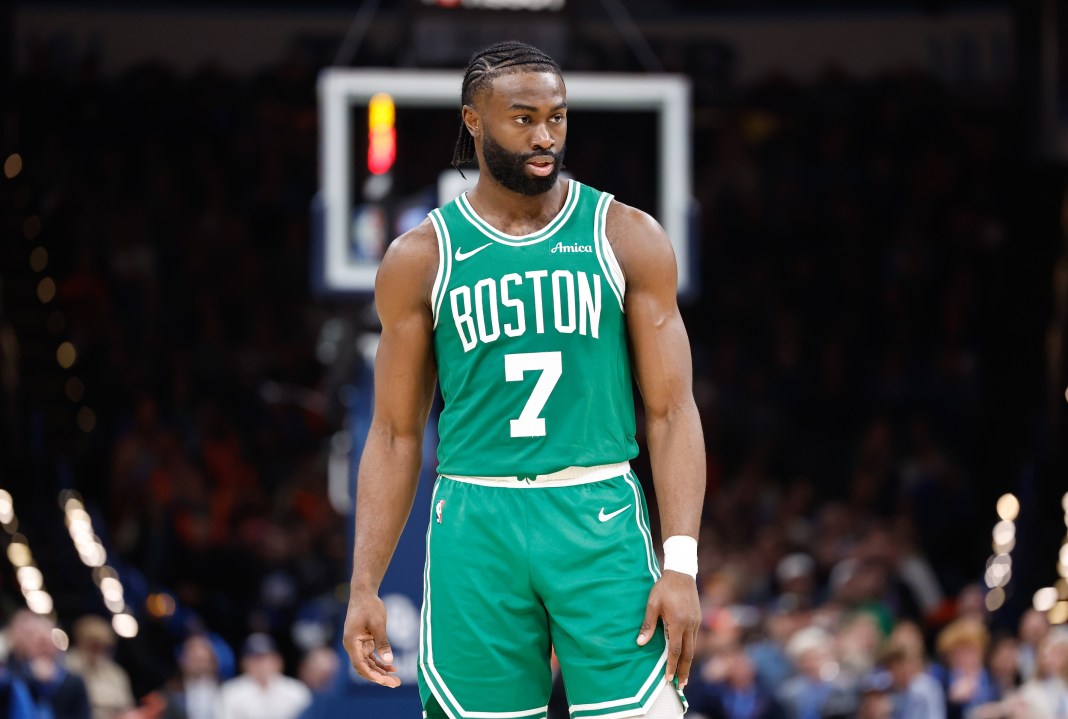 Celtics forward Jaylen Brown looks on against the Thunder during the 2024-25 NBA season.