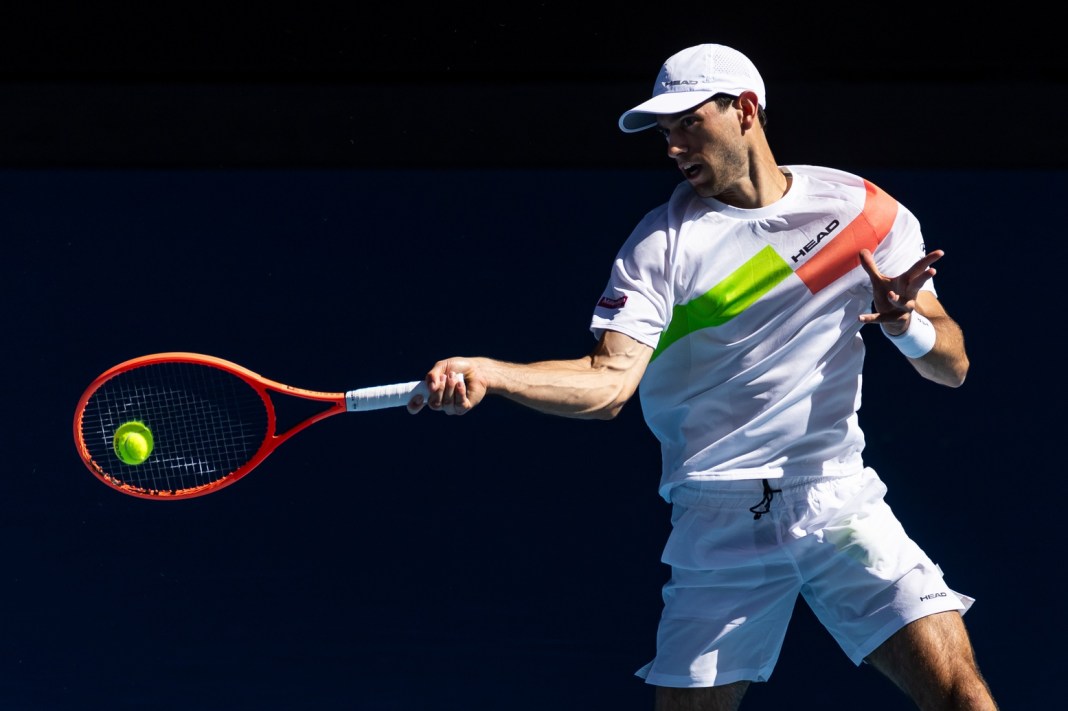 Nuno Borges looks to hit a forehand at the 2025 Australian Open.