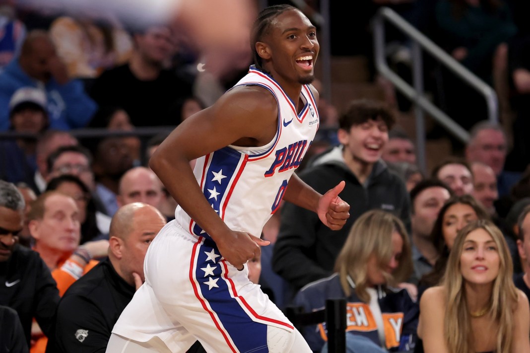 Sixers All-Star Tyrese Maxey smiles after a made 3 against the Knicks during the 2024-25 NBA season.