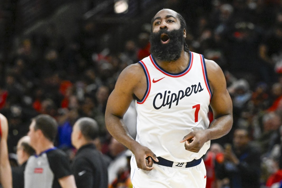 Clippers star James Harden reacts to a play against the Bulls during the 2024-25 NBA season.