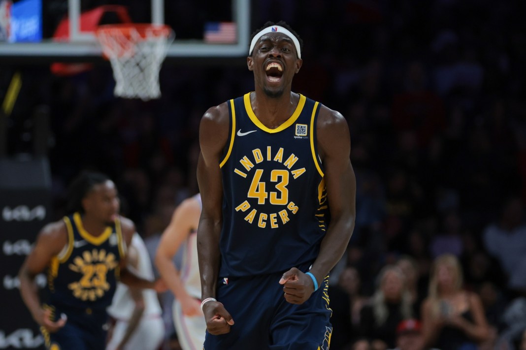 Pacers forward Pascal Siakam celebrates a bucket against the Heat during the 2024-25 NBA season.