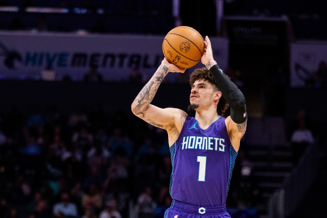 Hornets star LaMelo Ball takes a shot against the Wizards during the 2024-25 NBA season.