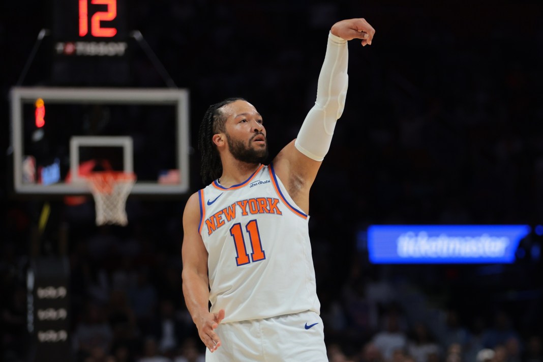 Knicks star Jalen Brunson poses after a shot against the Heat during the 2024-25 NBA season.