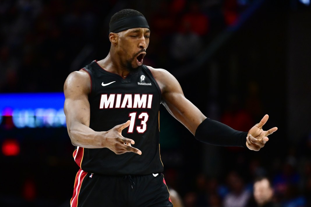 Heat center Bam Adebayo celebrates a big play against the Cavaliers during the 2024-25 NBA season.