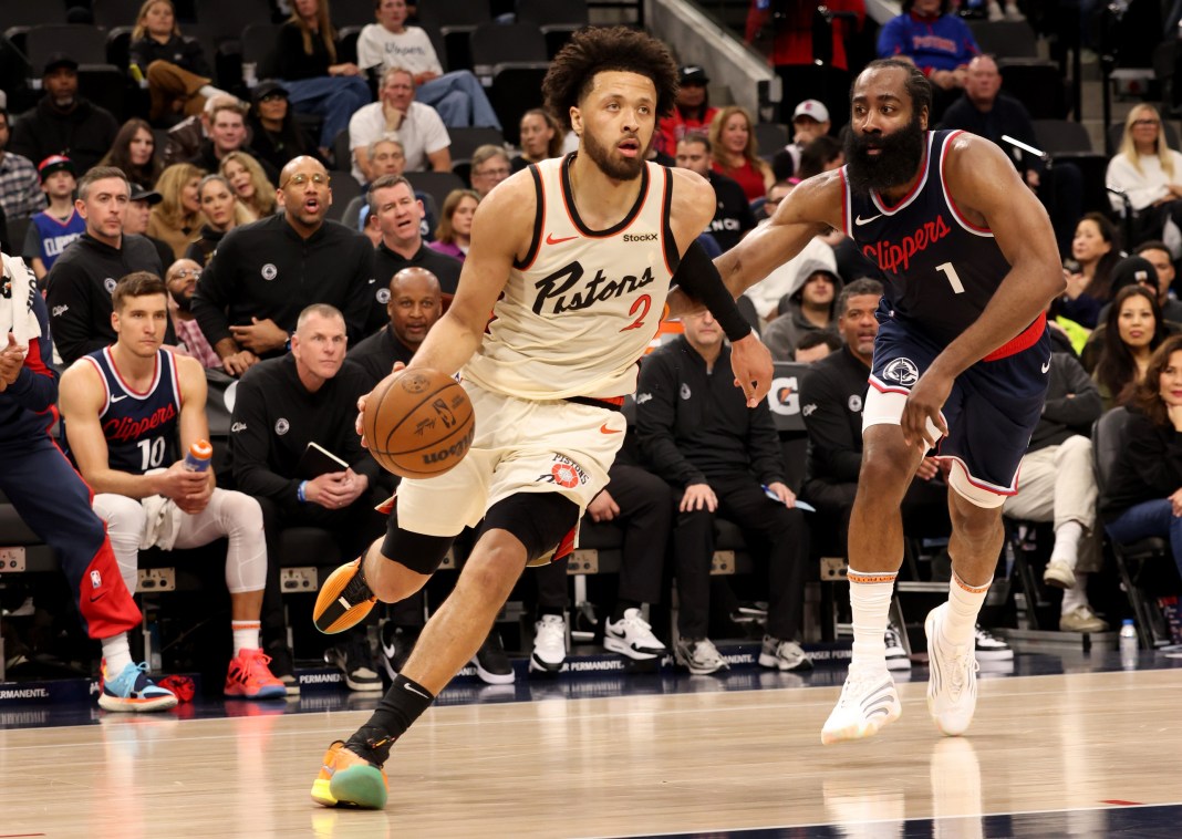 Pistons All-Star Cade Cunningham attacks the basket against the Clippers during the 2024-25 NBA season.