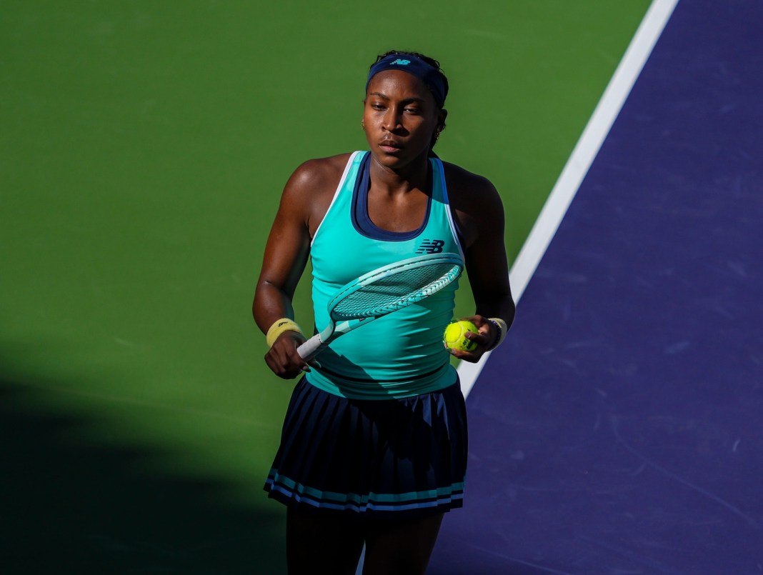 Coco Gauff gets ready to serve in a match against Moyuka Uchijima at Indian Wells in 2025.