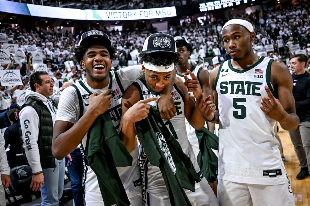 Michigan State celebrates a win over Michigan during the 2024-25 college basketball season.