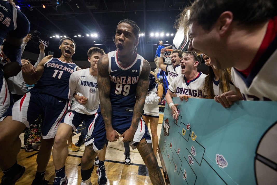 Gonzaga Bulldogs guard Khalif Battle (99) celebrates after defeating the St. Mary's Gaels in the final of the West Coast Conference tournament at Orleans Arena on March 11, 2025.