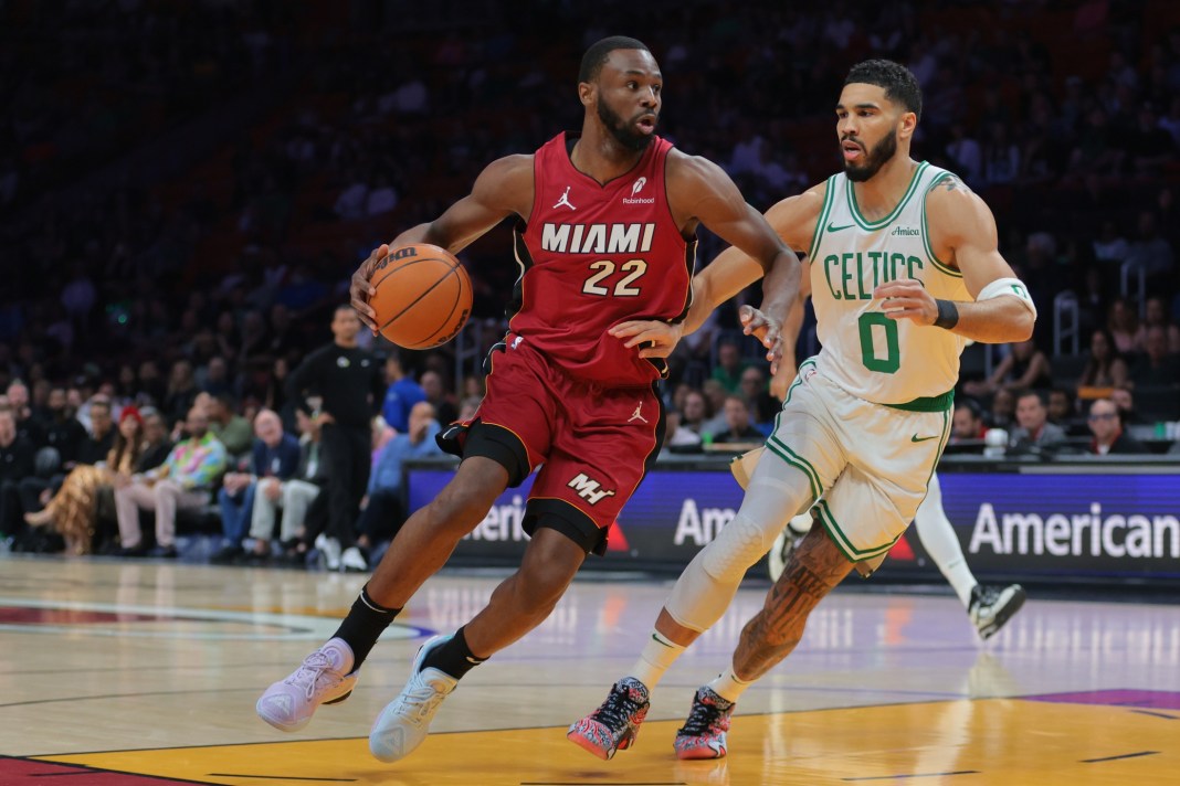 Heat forward Andrew Wiggins drives to the rim against the Celtics during the 2024-25 NBA season.