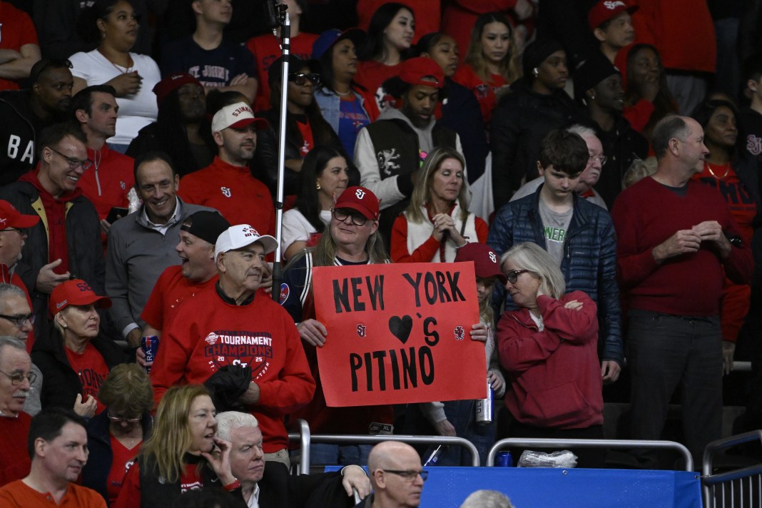 St. John's Red Storm fans react during the second half against the Omaha Mavericks at Amica Mutual Pavilion on March 20, 2025.