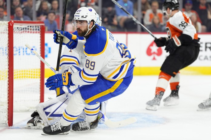 Buffalo Sabres right wing Alex Tuch (89) in action against the Philadelphia Flyers during the second period at Wells Fargo Center in Philadelphia, Pennsylvania, on March 29, 2025.