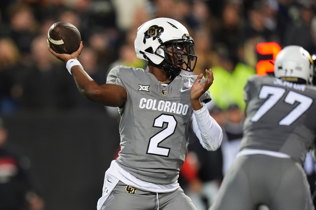 Colorado quarterback Shedeur Sanders throws a pass against Cincinnati during the 2024 college football season.
