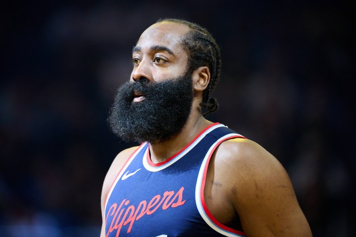 Clippers star James Harden looks on during a meeting with the Warriors in the 2024-25 NBA season.