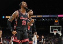 Houston Cougars forward J'Wan Roberts (13) celebrates during the second half of the men's Final Four semifinal game against the Duke Blue Devils at the Alamodome in San Antonio, TX, on April 5, 2025.