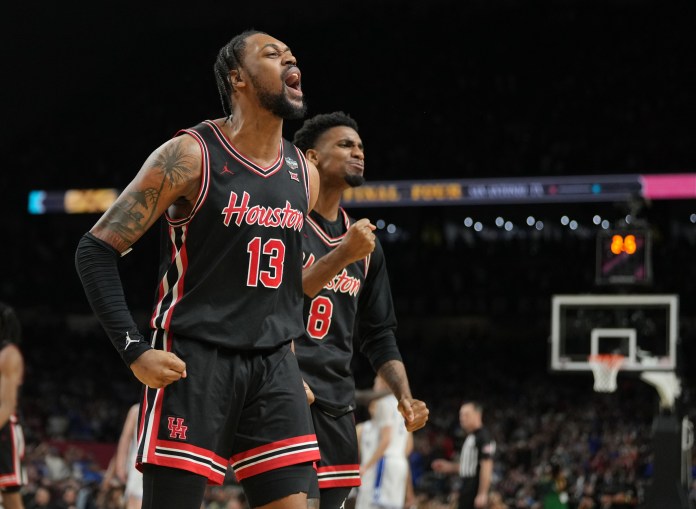Houston Cougars forward J'Wan Roberts (13) celebrates during the second half of the men's Final Four semifinal game against the Duke Blue Devils at the Alamodome in San Antonio, TX, on April 5, 2025.