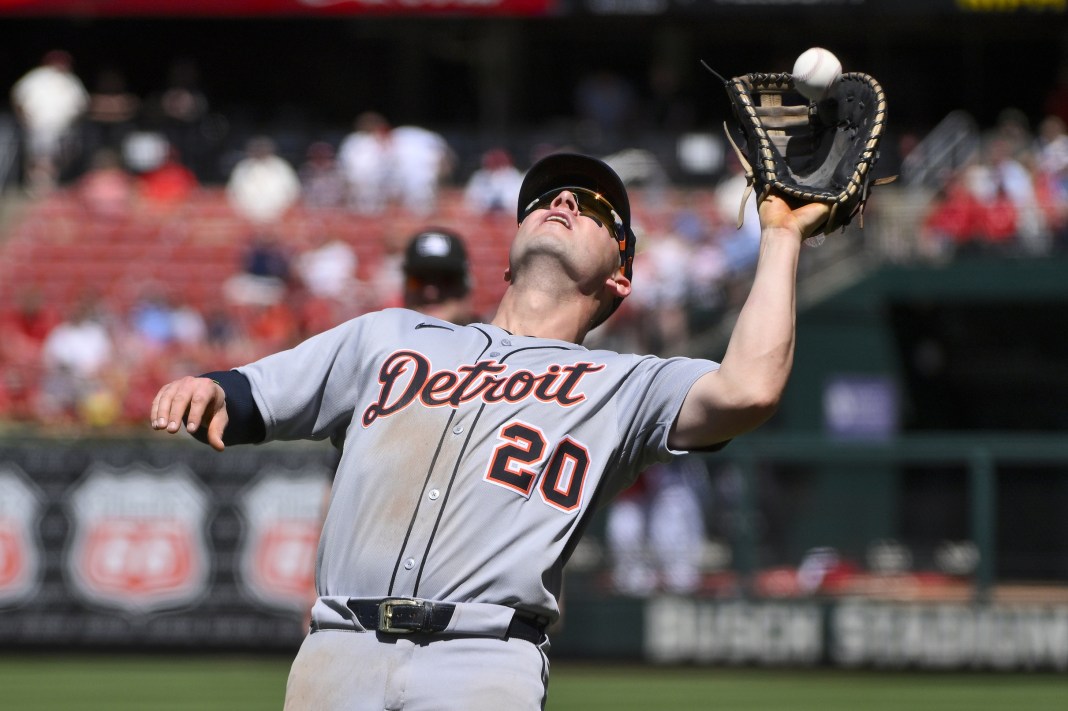 Detroit Tigers first baseman Spencer Torkelson (20) catches a foul ball
