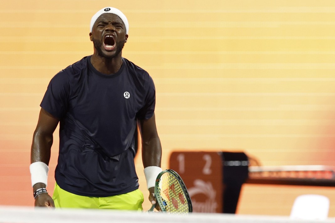 Frances Tiafoe reacts to a big win over Alejandro Davidovich Fokina at the 2025 Miami Open.