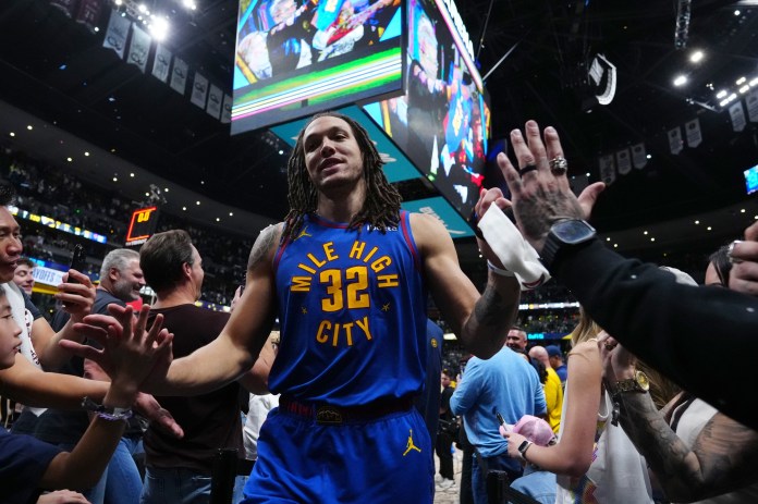 Denver Nuggets forward Aaron Gordon (32) celebrates the win over the LA Clippers following game seven of the first round of the 2025 NBA Playoffs at Ball Arena in Denver, Colorado, on May 3, 2025.