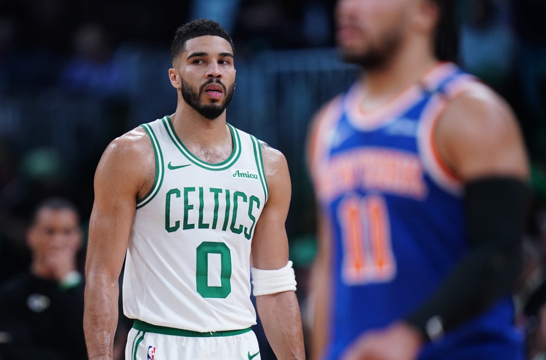 Celtics star Jayson Tatum looks on against the Knicks during the 2024-25 NBA Playoffs.
