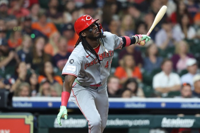 Cincinnati Reds shortstop Elly De La Cruz (44) bats during the seventh inning of the game against the Houston Astros at Daikin Park in Houston, Texas, on May 10, 2025.