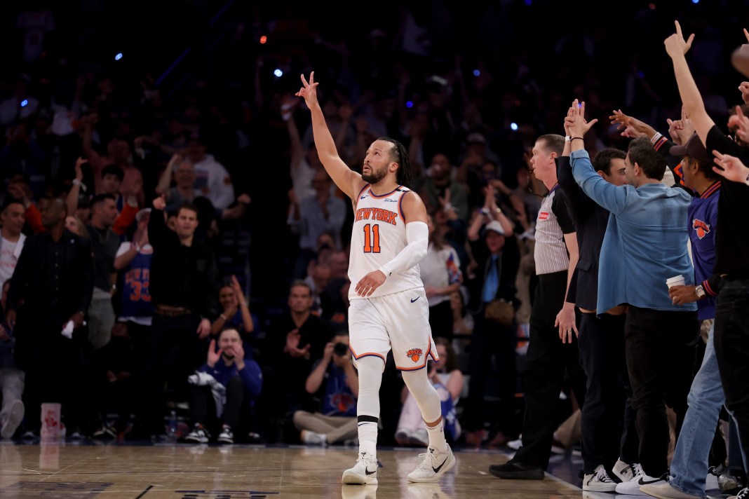 Knicks star Jalen Brunson celebrates a made 3 against the Celtics during the 2024-25 NBA Playoffs.