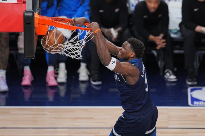 Timberwolves superstar Anthony Edwards dunks in Game 3 against the Thunder during the 2024-25 Western Conference Finals.