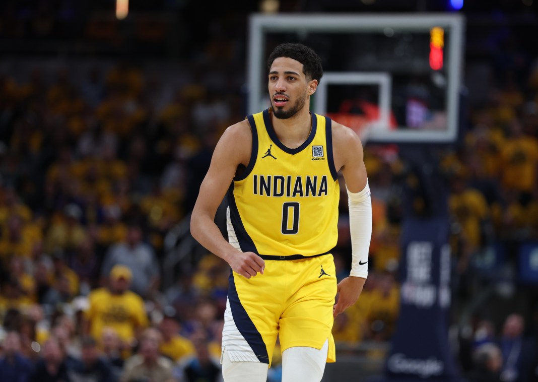 Pacers superstar Tyrese Haliburton runs back after a made 3 against the Knicks in Game 4 of the 2024-25 Eastern Conference Finals.