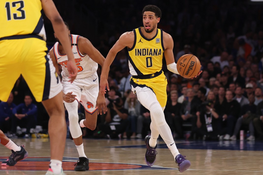 Pacers star Tyrese Haliburton dribbles up the floor against the Knicks during the 2024-25 Eastern Conference Finals.