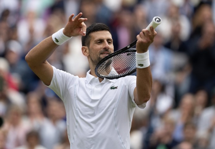 Novak Djokovic celebrates a win over Lorenzo Musetti at Wimbledon in 2024.