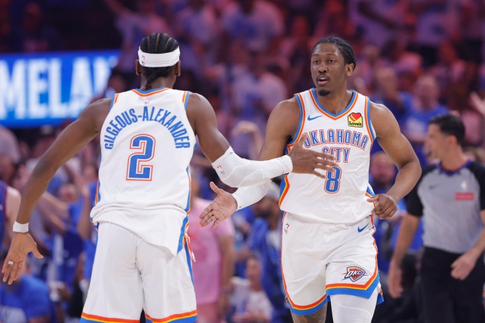 Oklahoma City Thunder forward Jalen Williams (8) and guard Shai Gilgeous-Alexander (2) celebrate after scoring against the Denver Nuggets during the first quarter of game five of the second round for the 2025 NBA Playoffs at Paycom Center in Oklahoma City, Oklahoma, on May 13, 2025.