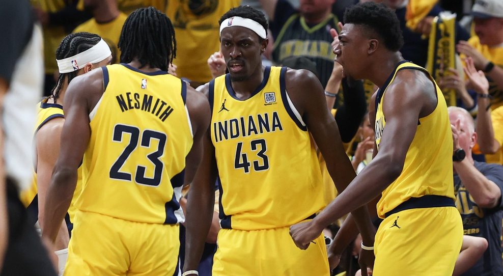 Pacers forward Pascal Siakam celebrates a play against the Knicks with teammates in the 2024-25 Eastern Conference Finals.