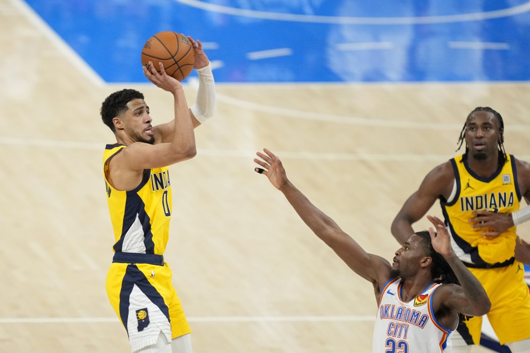 Pacers star Tyrese Haliburton hits a game-winning jumper against the Thunder in Game 1 of the 2024-25 NBA Finals.