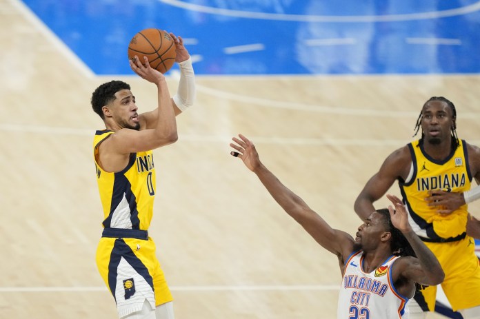Pacers star Tyrese Haliburton hits a game-winning jumper against the Thunder in Game 1 of the 2024-25 NBA Finals.