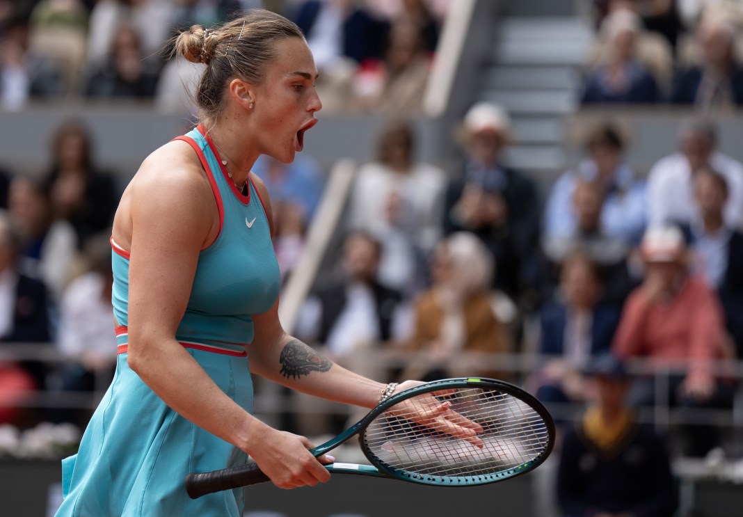 Aryna Sabalenka reacts to a point during the 2025 French Open final against Coco Gauff at Roland Garros.