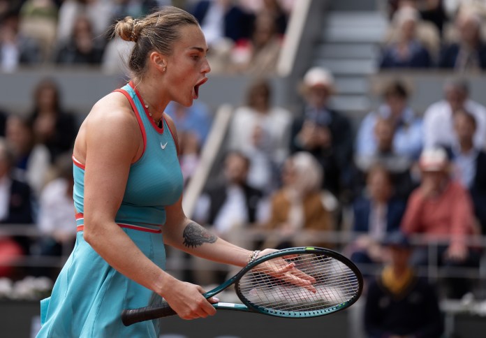 Aryna Sabalenka reacts to a point during the 2025 French Open final against Coco Gauff at Roland Garros.