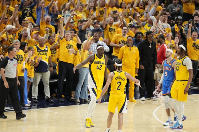 The Pacers react to a play during a Game 6 meeting with the Thunder in the 2024-25 NBA Finals.