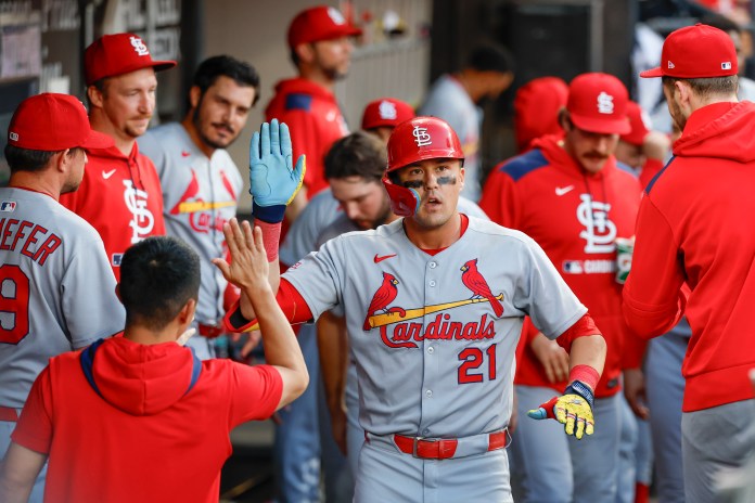 St. Louis Cardinals left fielder Lars Nootbaar (21) celebrates with teammates in the dugout after hitting a solo home run against the Chicago White Sox during the tenth inning of game two of a doubleheader at Rate Field in Chicago, Illinois, on June 19, 2025.