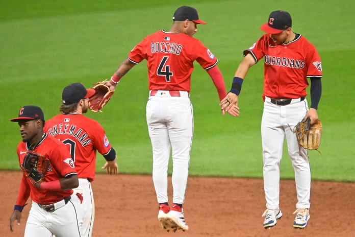 Jul 22, 2025; Cleveland, Ohio, USA; The Cleveland Guardians celebrate a win over the Baltimore Orioles at Progressive Field. Mandatory Credit: David Richard-Imagn Images.