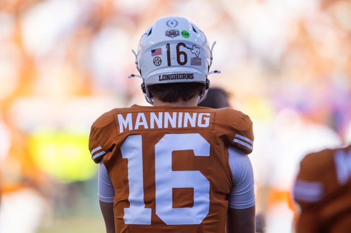 Texas quarterback Arch Manning looks on in a meeting with Clemson in the 2024 College Football Playoff.