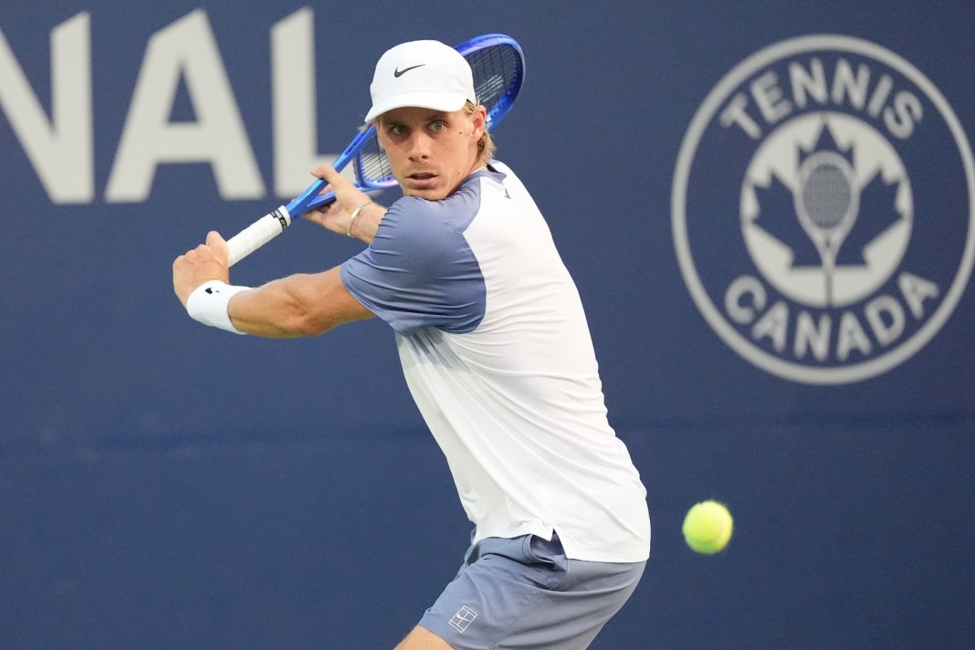 Denis Shapovalov hits a backhand at the National Bank Open in Toronto during the 2025 season.