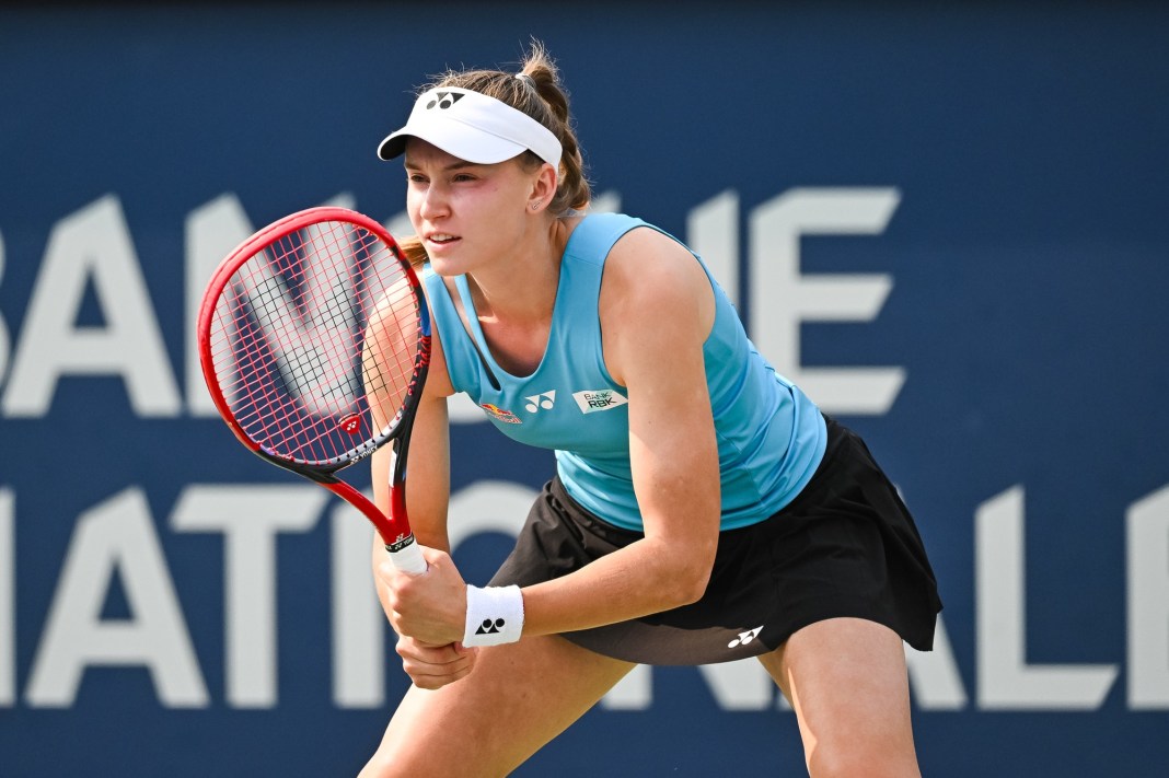 Elena Rybakina gets ready to return a serve at the 2025 National Bank Open in Montreal.