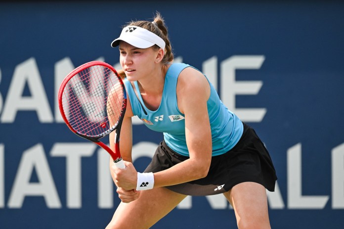 Elena Rybakina gets ready to return a serve at the 2025 National Bank Open in Montreal.