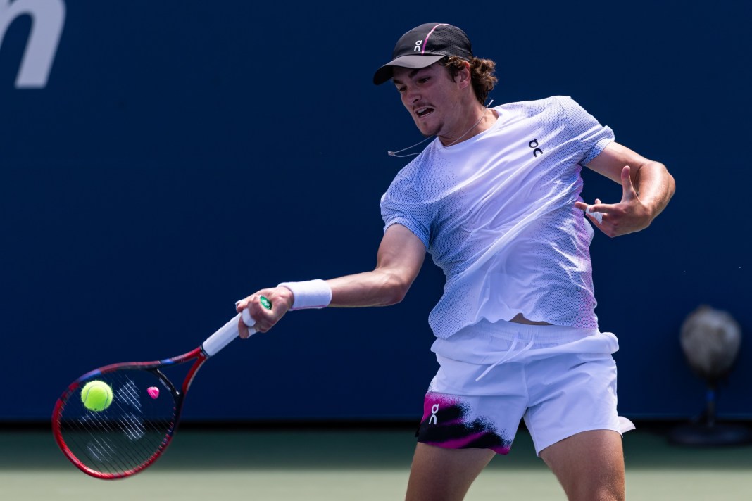 Tennis: US Open Joao Fonseca hits a forehand in his match against Miomir Kecmanovic at the 2025 US Open.