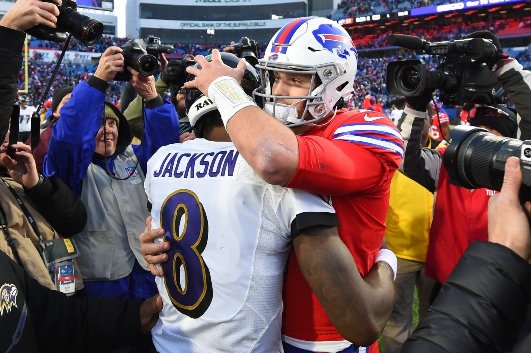 Ravens star Lamar Jackson and Bills star Josh Allen embrace after a game during the 2019 NFL season.