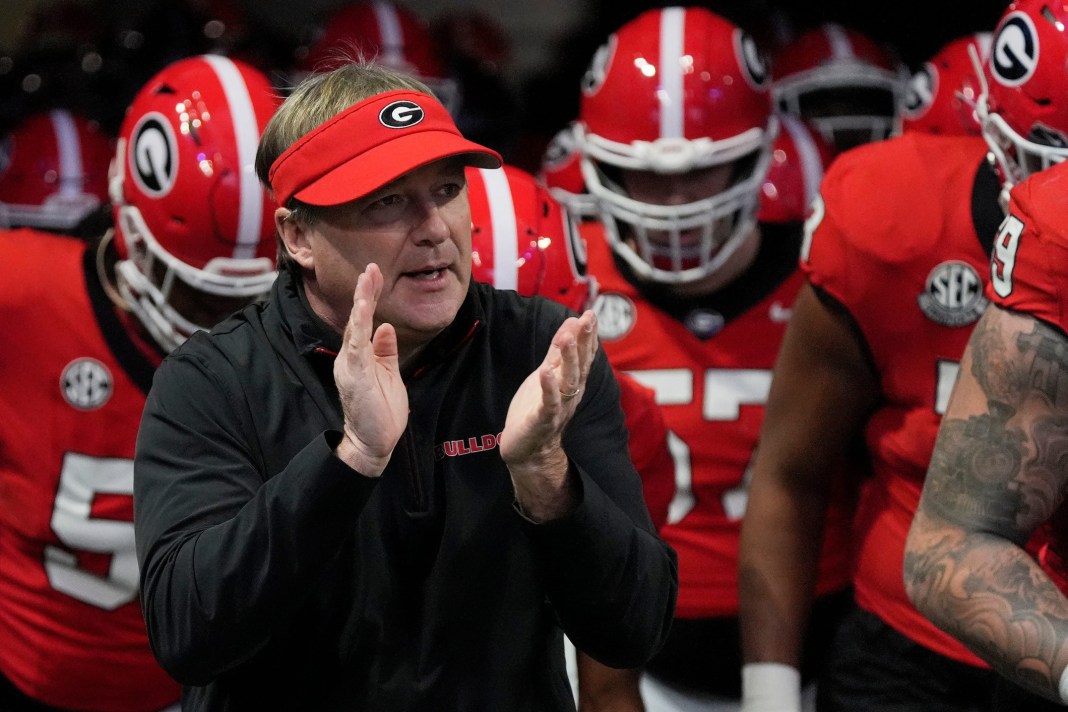 Georgia head coach Kirby Smart gets his team ready for a meeting with Texas in the 2024 SEC Championship Game.